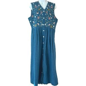 STONYBROOK Vtg 80-90s Embroidered Denim Buttoned Midi Dress Size M Cottagecore